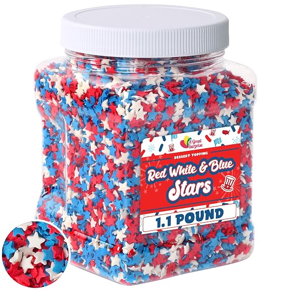 Patriotic Sprinkles - 1.1 Pound - July Fourth Toppings - Red White and Blue Stars - Confetti Sprinkles for Cupcakes