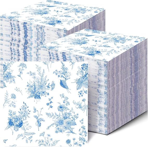 100 Pack Blue Floral Cocktail Napkins Blue and White Floral Toile Paper Napkins Floral Paper Napkins for Bridal Baby Shower,Tea Garden Party,Wedding Floral Birthday Party Supplies Decor (White)