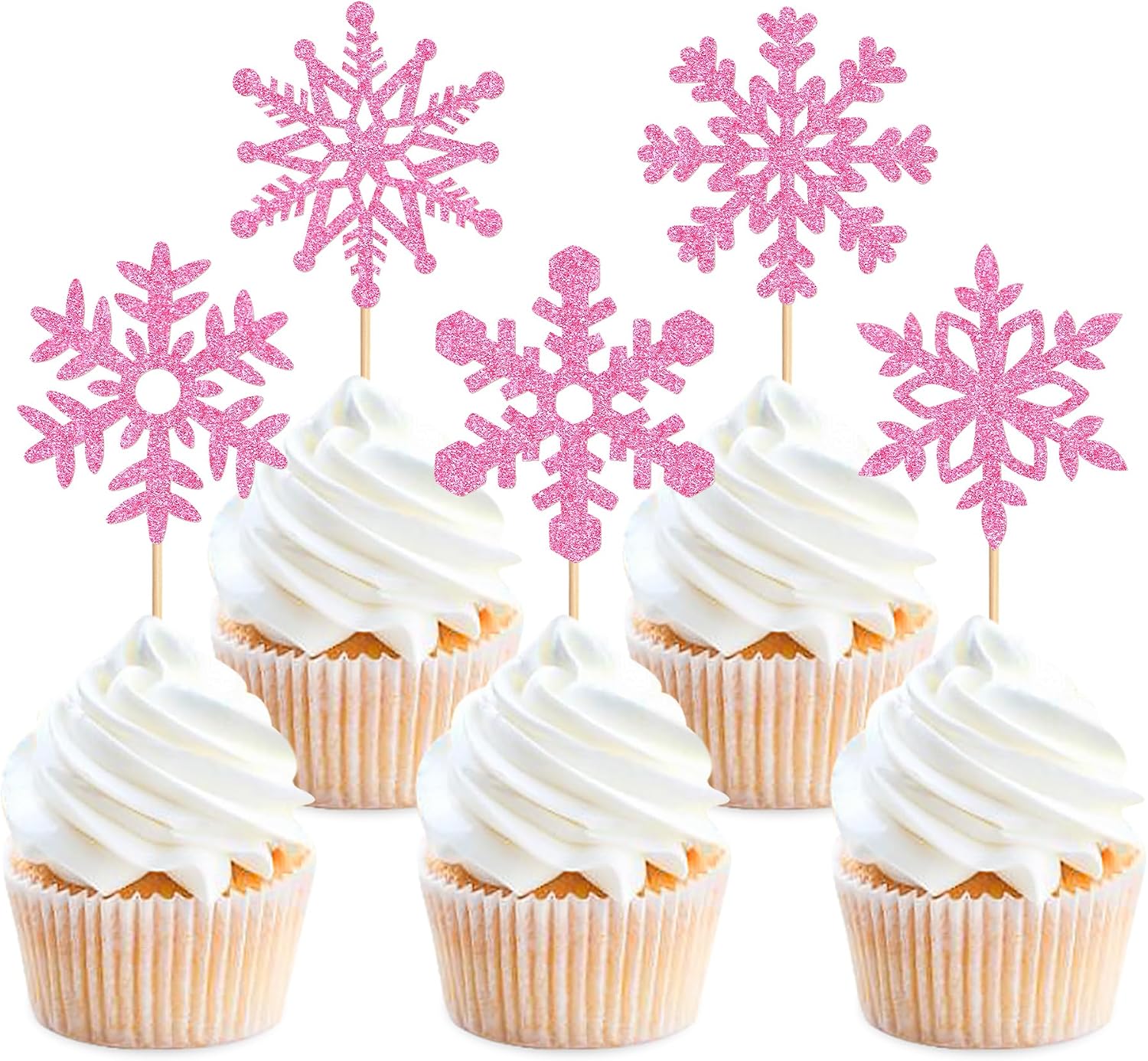 Ercadio 25pcs Snowflake Cupcake Toppers Glitter Snowflake Cupcake Picks Frozen Pink Snowflake Cake Decors Baby Shower Gender Reveal Winter Theme Christmas Party Cake Decor Supplies