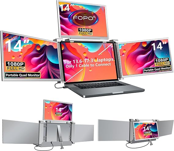 14" Quad Laptop Screen Extender, 1080P IPS, One-Cable Setup