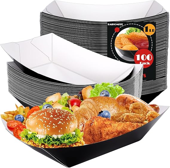 100 Pcs Paper Food Trays, Black & White Serving Boats, 1 LB