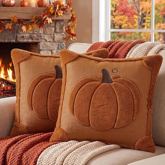 Softalker Fall Throw Pillow Covers 18x18 Set of 2 Rust Orange Pumpkin Plush