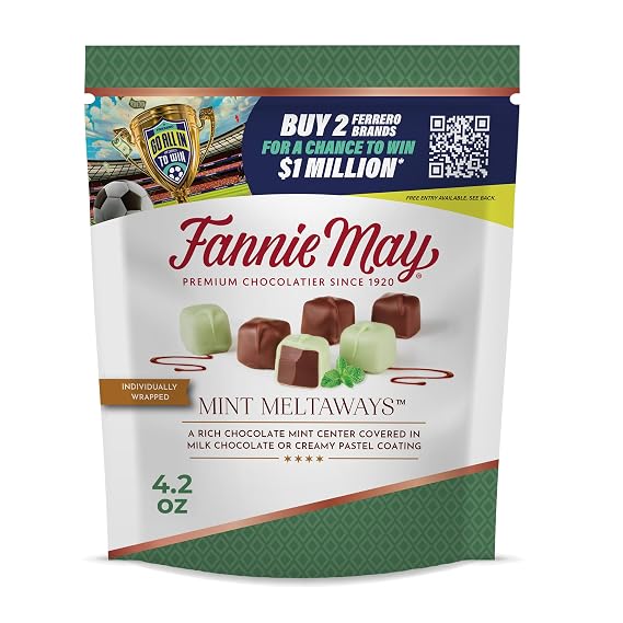 Fannie May Mint Meltaways, Premium Chocolate Mint Center Covered in Milk Chocolate or Green Pastel Coating, Bag, 4.2 oz