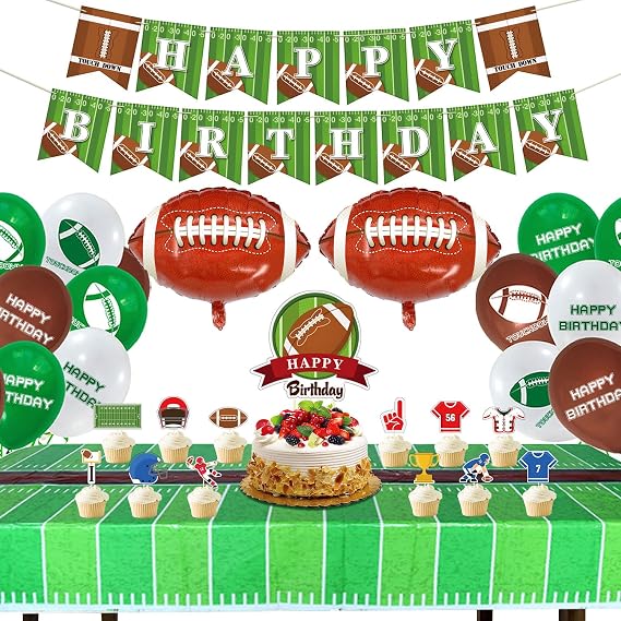 Football Theme Party Supplies - Including HAPPY BIRTHDAY Banner, Football Foil Balloons, Cake Topper, Tablecloth, Balloons for Game Day, and Football Birthday party Decorations