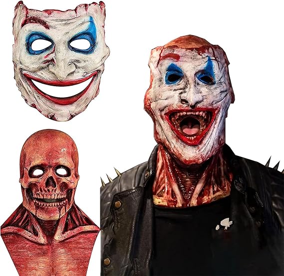 QCCX Halloween Masks with Moving Jaw, Scary Clown Skull Mask, Halloween Double Face Masks for Adults, Skeleton Full Head Mask