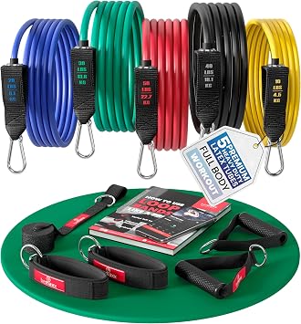 Resistance Bands Set with Handles, Door Anchor, Ankle Straps + Exercise Ebook, 5 Long Latex Tubes Premium Heavy Duty Expander Cords, Full Body Butt Leg Fitness Workout Women, Powerlifting Training Men