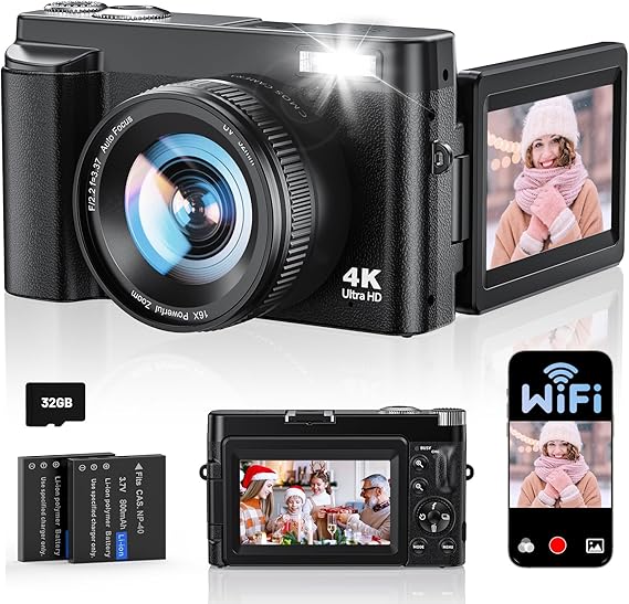 4K Digital Camera for Photography, with WiFi, 180 Flip Screen, 32GB Card | 64MP, Autofocus, 30FPS Video, Flash, Anti-Shake, 16X Zoom, Compact Vlogging Camera for YouTube & Travel