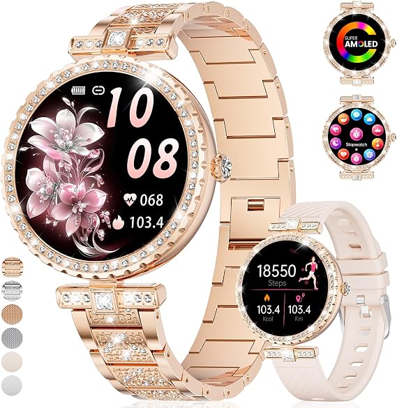 ESFOE Smart Watches for Women,1.19 AMOLED Smart Watch Women Answer Make Calls,IP68 Waterproof Fitness Tracker,Heart Rate Sleep Monitor,100+ Sports Pedometer Watch for Android iOS Phone,Gift,Rose Gold