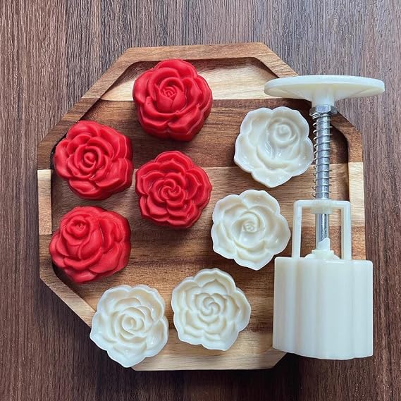 Moon Cake Mold 4 PCS, Mid Autumn Festival DIY Hand Press Cookie Stamps Pastry Tool Flowers Patterns Mooncake Maker