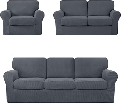 CHUN YI 3-Piece Sofa Slipcover Set, 1 Armchair Cover, 1 Loveseat Cover and 1 Sofa Cover, Furniture Cover with Separate Backrest Covers and Seat Cushion Covers with Elastic Band, Grey