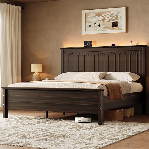 Queen Size Bed Frame with Headboard, Wood Platform Bed