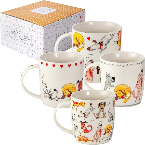 SPOTTED DOG GIFT COMPANY Dog Mugs, 12 oz Coffee Mug Set of 4, Funny Dogs Themed Ceramic Tea Cups, Microwave & Dishwasher Safe, Dog Lover Gifts for Women & Animal Lovers