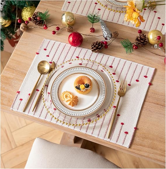 Valentines Placemats Set of 4 for Dining Valentine's Day Decorations, Woven Cloth Red Place Mats for Farmhouse Kitchen Tabletop, Handcrafted Machine Washable Cotton Table mats 13 x 19 Inch