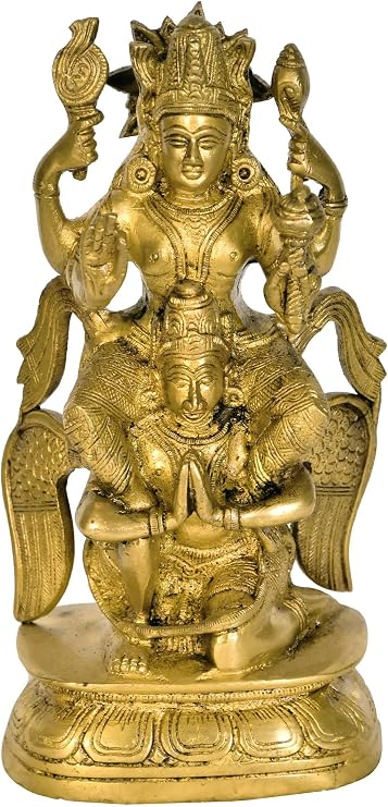Lord Vishnu Seated on Garuda Brass Statue, 7" Lord Vishnu Idol, Handmade, Made in India