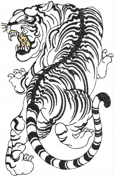 White Tiger Large Iron On Embroidered Back Patch Tiger Traditional Japanese Tattoo Style - Great for Jeans, Jackets, Vest