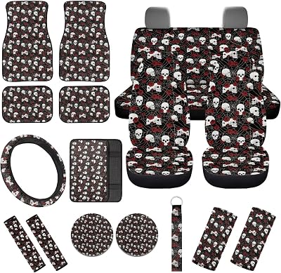Gothic Skull Rose Auto Interior Accessories,Car Floor Mats,Universal Steering Wheel Cover Car Seat Covers Split Bench Protector Armrest Pads Full Set of 17 Pack