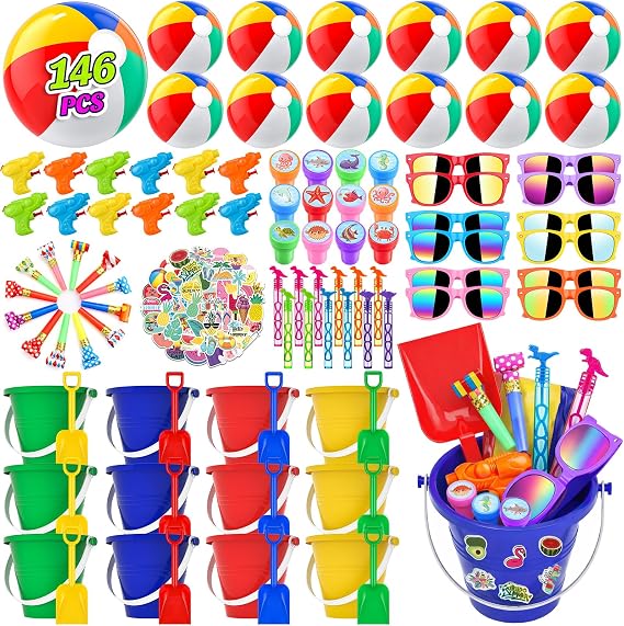 GIFTINBOX Beach Pool Party Favors,146PCS Pool Beach Toys for Kids Ages 4-8 8-12, Summer Party Favors for Kids, Beach Balls, Kids Sunglasses, Buckets Bulk Sand Toys, Birthday Party Decorations
