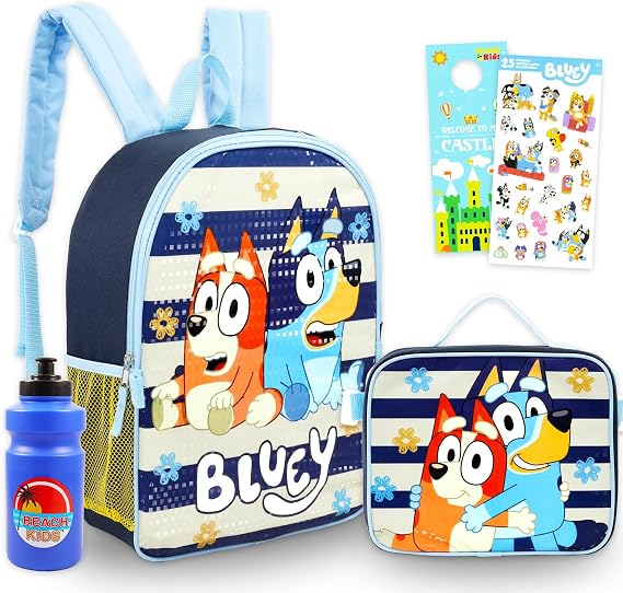 Bluey Backpack with Lunchbox Set for Girls School Bundle + More | 16in Large Durable Bingo and Bluey Bookbag w/ Insulated Lunch Box Plus Water Bottle, Stickers, More - Bluey School Supplies