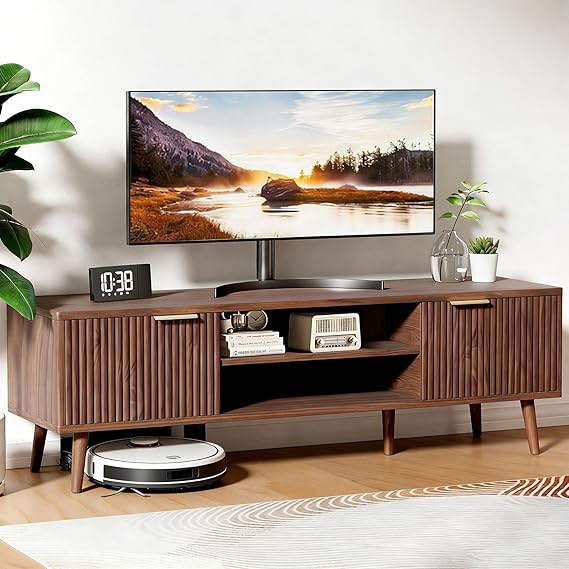 140cm/55in TV Units TV Stand Cabinet for TV up to 60" Wooden TV Console Table 2 Open Storage Cubes 2 Doors Sideboard for Living Room Bedroom Entertainment Room Furniture, Dark Wood Color