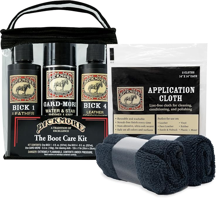 Boot Care Kit | Bick 1, Bick 4 & Gard-More & Application Cloth 2-Pack | Leather Cleaner, Conditioner & Protector