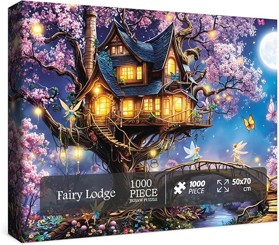 Beautiful Fairy Lodge Puzzles for Adults 1000 Pieces Nature, Magic Tree of Life Colorful Flower Art Jigsaw Puzzles, Fantasy Butterfly Moon Landscape Puzzle