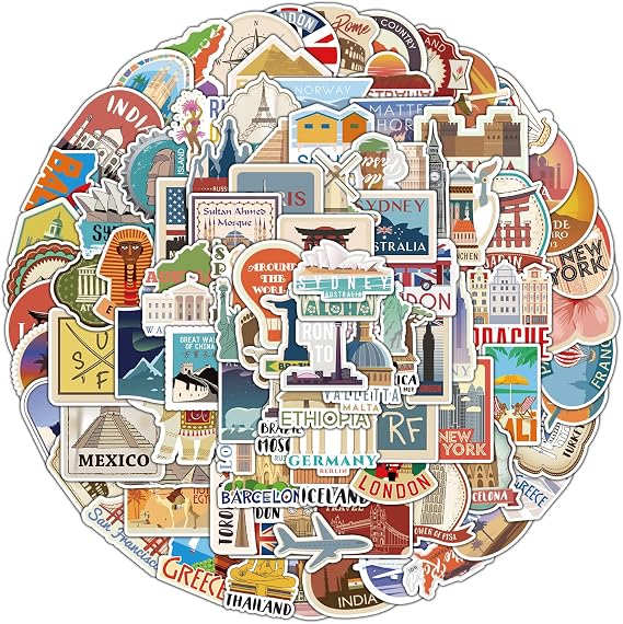 100Pcs World Travel Stickers, Global Famous Country City Landmarks Stickers, Waterproof Vinyl Travel Map Decals for Journaling Laptop Luggage Skateboard Bicycle, Teens and Adults