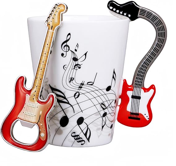 13.5 Oz Music Note Guitar Coffee Mug with Guitar Shaped Bottle Opener | 13.5oz ceramic mug; Stylish music note guitar print; Sturdy guitar bottle opener; Ideal for daily coffee, Home bar use