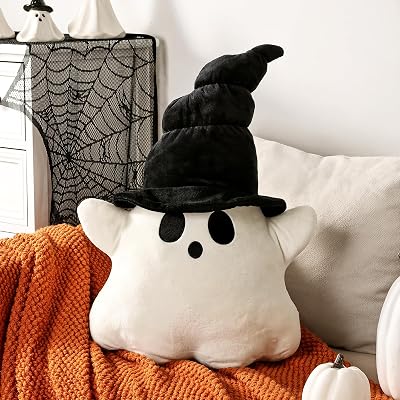 Halloween Decor Throw Pillows: Cute Plush White Ghost Pillow with Black Hat, Soft Stuffed Fun Ghost Cushion Halloween Decorations Indoor for Kids Home Sofa Bed Office Couch Living Room