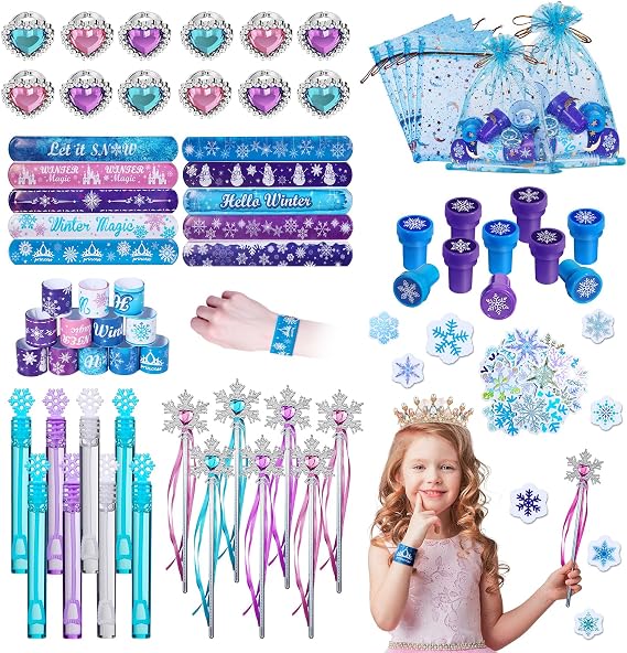 122Pcs Frozen Party Favors Goodie Bag Stuffers for Kids | Princess Frozen Birthday Party decorations Winter Snowflake Party Supplies for Girl Kids Pinata Filler Classroom Rewards