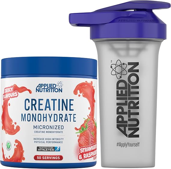 Applied Nutrition Creatine + 700ml Shaker | Creatine Monohydrate Micronized Powder with Flavour, Increases High-Intensity Physical Performance (250g - 50 Servings) (Strawberry & Raspberry)