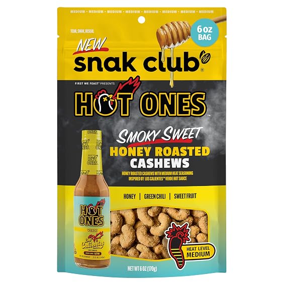 Snak Club x Hot Ones Honey Roasted Cashews, Smoky Sweet, Spicy Nuts, Inspired by Hot Ones, Vegan Snack, 6 oz Resealable Bag