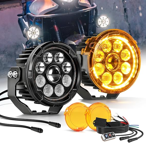 Motorcycle LED Auxiliary Lights - 29000LM Ultra Bright Fog Lights HiLow Amber White Beam, Strobe Modes, IP69K Waterproof, 360 Adjustable Mount for