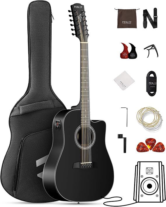 12 String Guitar: 42" Full Size Acoustic Electric Guitarra Acustica Built In 4 Band EQ, Spruce Top Mahogany Back, Complete Beginner Electric Guitar Kit for Adults, Guitarra de 12 Cuerdas, Matte Black