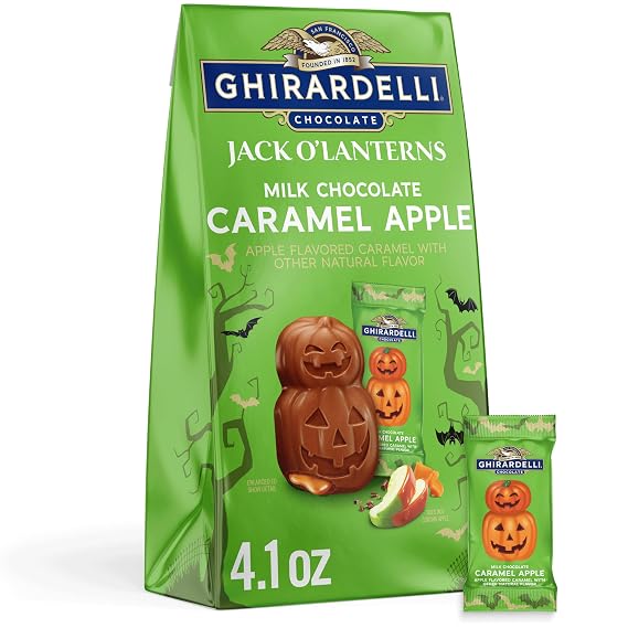 GHIRARDELLI Milk Chocolate Caramel Apple Jack O Lanterns, 4.1 oz Bag Halloween Candy Filled with Tart Apple Caramel for Gifting & Snacking