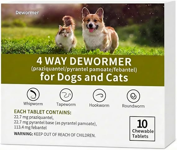 Dewormer for Small Dogs and Cats(225 lbs), 10 Dewormer Chewable Tablets with Praziquantel, Pyrantel Pamoate & Febantel, Broad Spectrum Wormer for Tapeworm, Roundworm & Hookworm