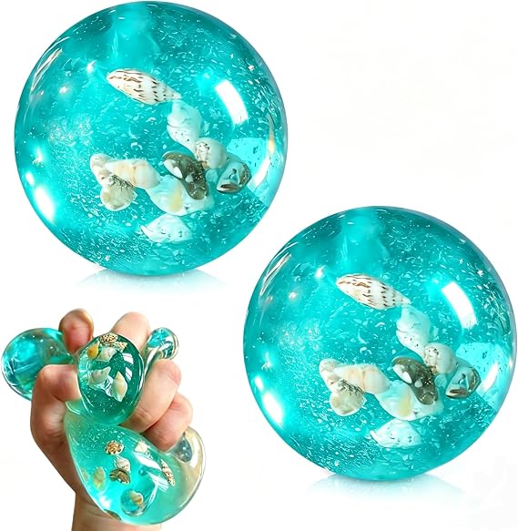 2PCS Squishy Ice Cube Fidget Toys, Blue Ocean Shell Squeeze Ball, Ice Cube Stress Ball with Ocean Shells, Stress Cube Squishy Fidget Toys, Stress Anxiety Relief Fidget Toys for Adults and Teens