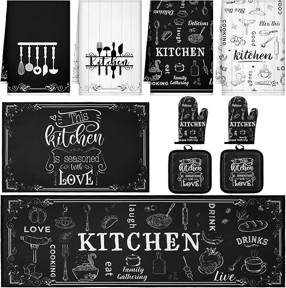 Fourluoo 10 Pcs Kitchen Towels Rugs Mats Set, Oven Mitts Pot Holders