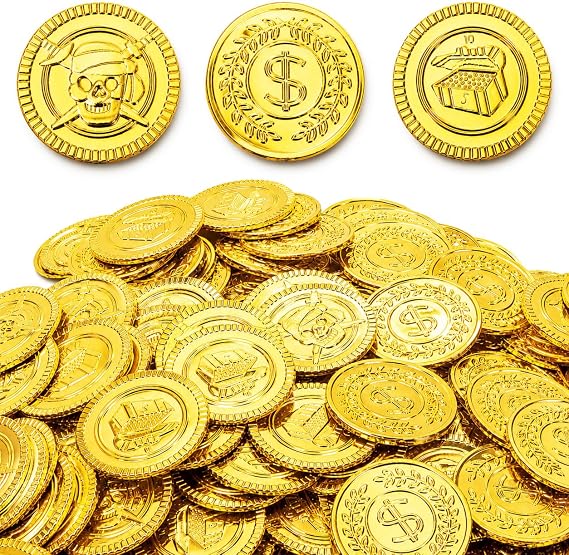 Gold Coins - Plastic Pirate Coins, 320 Pcs - Perfect for Pirate Themed Parties and Games (3 Patterns)
