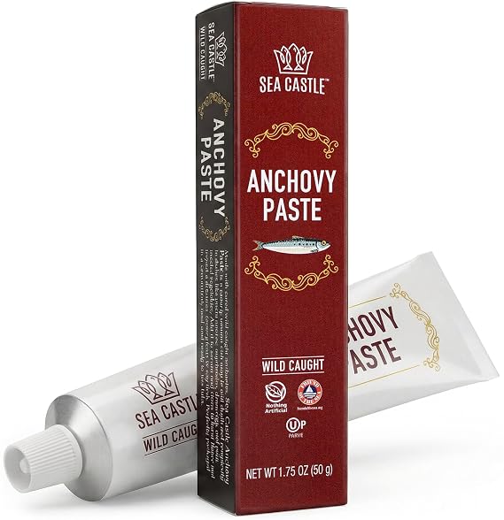 Sea Castle Wild Caught Anchovy Paste in Pure Olive Oil, 1.75 oz Tube | Premium Anchovies | Keto & Paleo | Umami Booster for Pasta, Caesar Dressing & Sauces