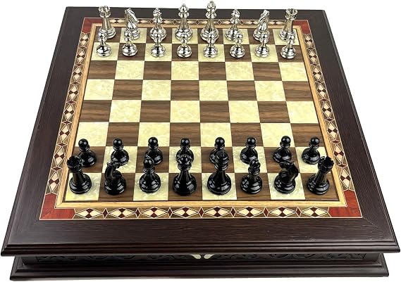 Çekmeceli Ahşap Lüks Satranç Takımı - Sedef İşlemeli Özel Tasarım ve Gizli Bölmeli