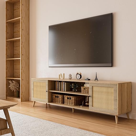 TV Stand for 75+ Inch TV, Entertainment Center with Adjustable Shelf, Rattan TV Console with 2 Storage Cabinets, Mid Century Modern TV Console Table for Living Room Bedroom