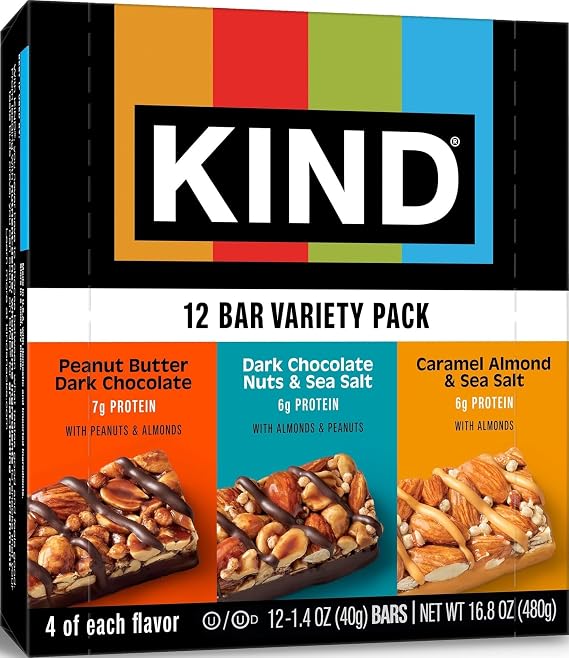 KIND Healthy Snacks Bars Variety Pack, Gluten Free, Low Sugar, High Fiber Snacks, Dark Chocolate Nuts & Sea Salt, Peanut Butter Dark Chocolate, Caramel Almond & Sea Salt, 6-7g Protein, 12 Count