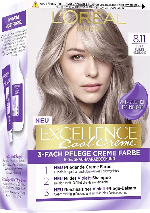 L'Oréal Paris Permanent Hair Colour with Ultra Cool Colour, 100% Grey Coverage Set, Excellence Cool Creme #8.11 Ultra Light Blonde