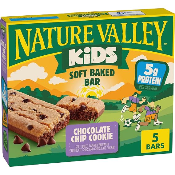 Nature Valley Chocolate Chip Cookie Soft Baked Kids Bar, Protein, 5 ct | 5g Protein & 8g Whole Grain per Bar, Dual Chocolatey Layers, Fits Lunch Boxes & Backpacks