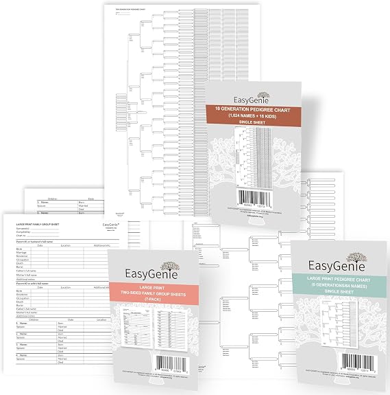 Family Sheets and Big Genealogy Charts Bundle: Genealogy Gift Set Includes 9 Charts Printed on High Quality Paper