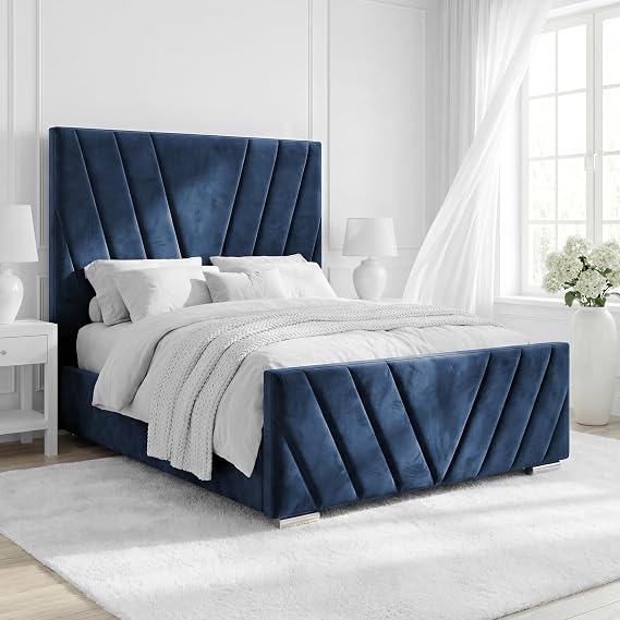 Blisswood V-Design Double Ottoman Bed, 4ft6 Velvet Upholstered Bed Frame with High Padded Headboard & Footboard, Gas-Lift Ottoman Storage & Wooden Slats, Heavy-Duty Metal Frame, Bedroom Furniture_Blue