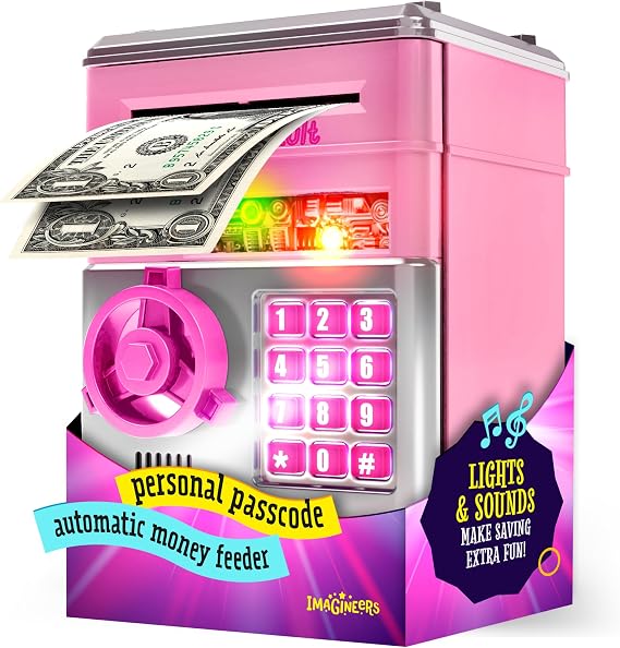 Piggy Bank for Kids - Electronic Money Saving Box w/Code- ATM Safe - Toy Coin Bank - Gifts for Girls Toys for Age 3, 4, 5, 6, 7, 8, 9 - Birthday Gifts for 8, 9, 10, 11, 12 (Pink & Silver)