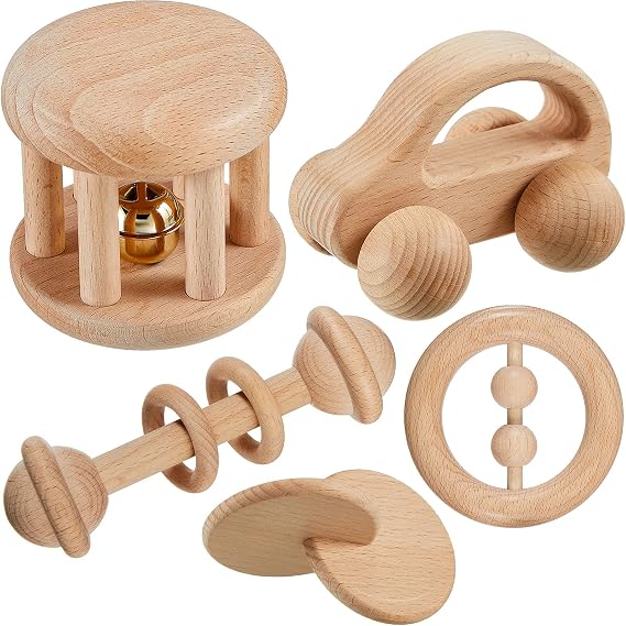 Zhanmai 5 Pcs Wooden Baby Toys Montessori Toys for 0-6-12 Months Boy Girl
