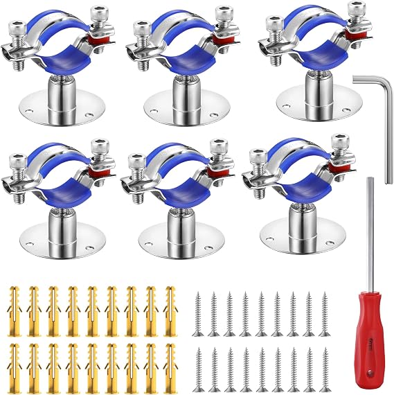 6PCS 304 Stainless Steel Wall Mount Ceiling Mount Pipe Supports,Suitable for OD Pipe 32-34mm,Adjustable Height 20-40mm,Adjustable Pipe Strap Clamp with Screws