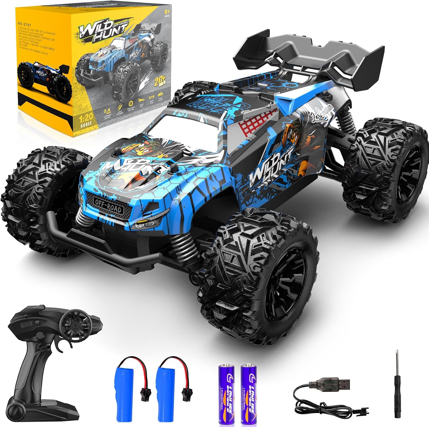 TOEAM RC Cars 1:20 Scale Remote Control Car, 2.4GHZ Fast Racing Monster Car, All Terrains RC Truck with Two Rechargeable Batteries for Boys Kids Adults Christmas Birthday Gift, S767, Blue